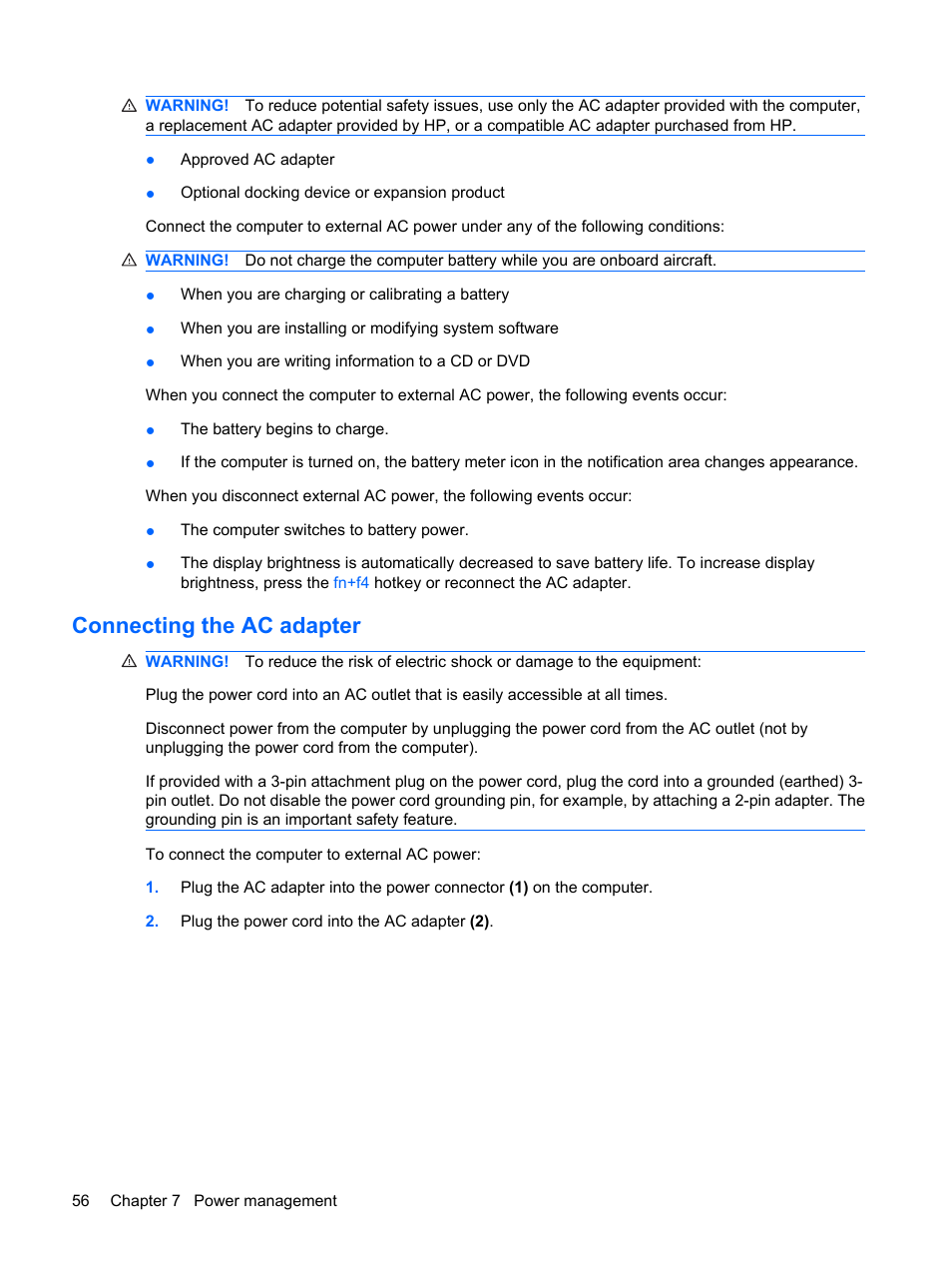 Connecting the ac adapter | HP Pavilion dm1-1020ed Entertainment Notebook PC User Manual | Page 66 / 96