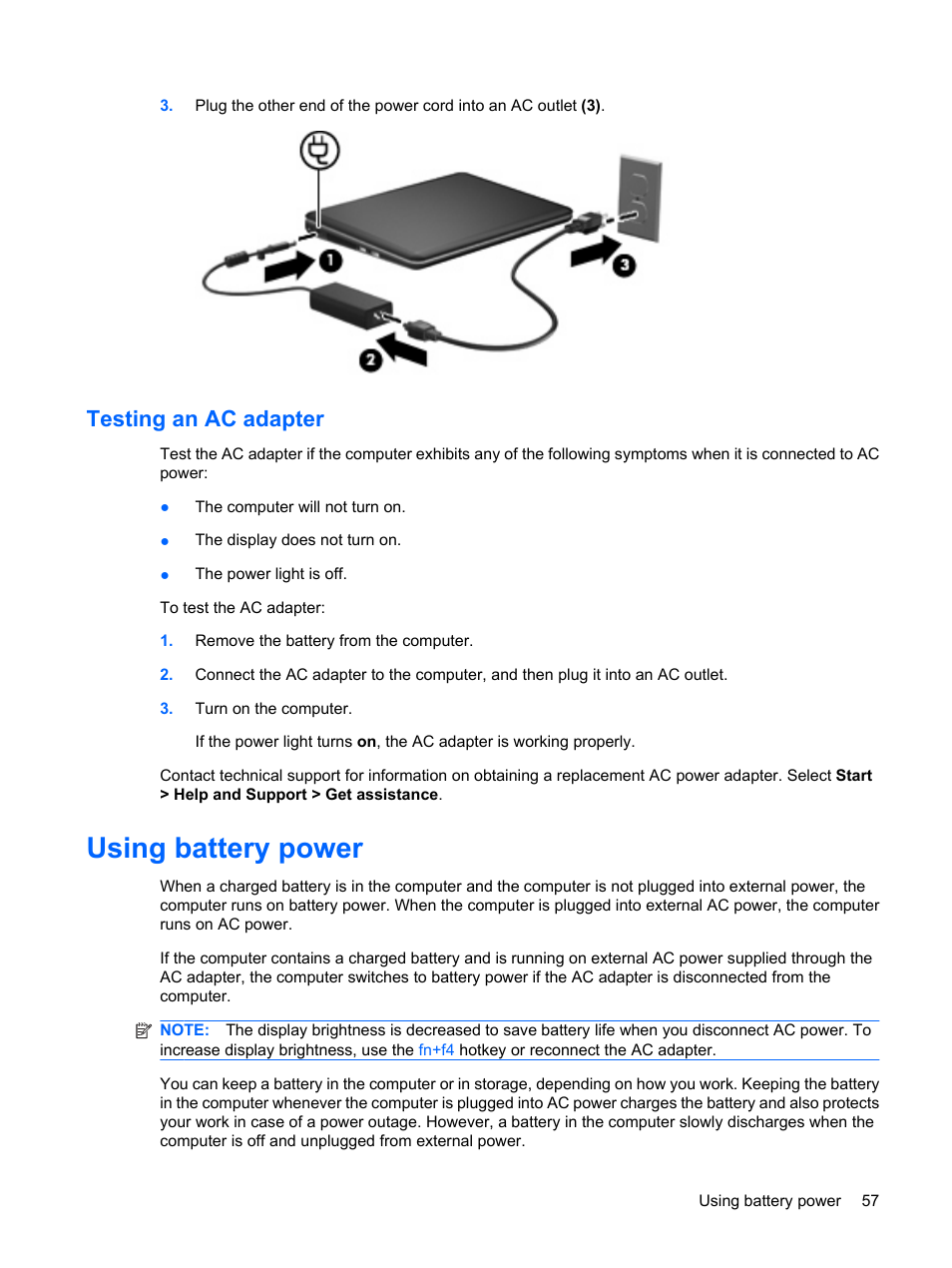 Testing an ac adapter, Using battery power | HP Pavilion dm1-1020ed Entertainment Notebook PC User Manual | Page 67 / 96