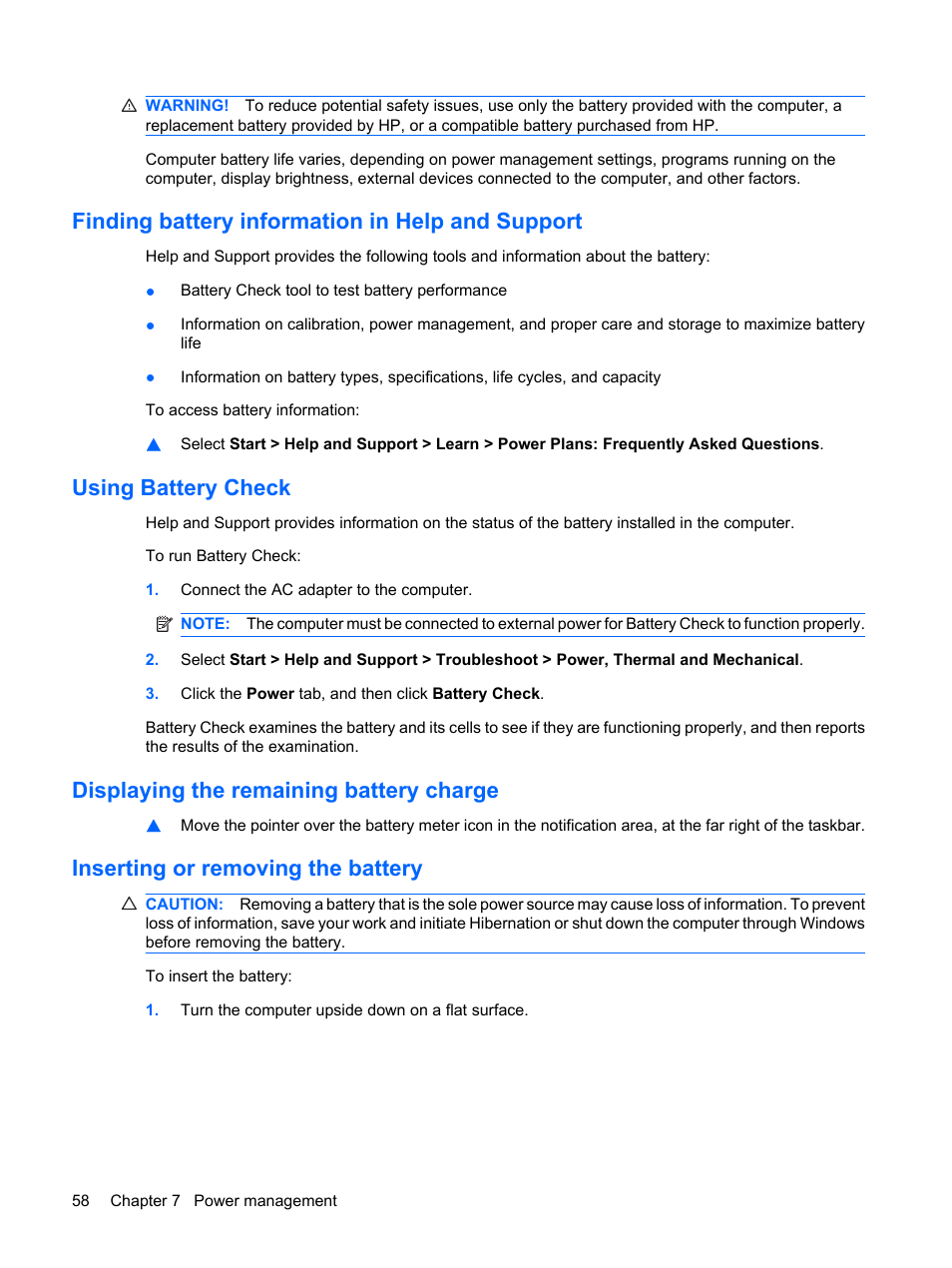 Finding battery information in help and support, Using battery check, Displaying the remaining battery charge | Inserting or removing the battery | HP Pavilion dm1-1020ed Entertainment Notebook PC User Manual | Page 68 / 96