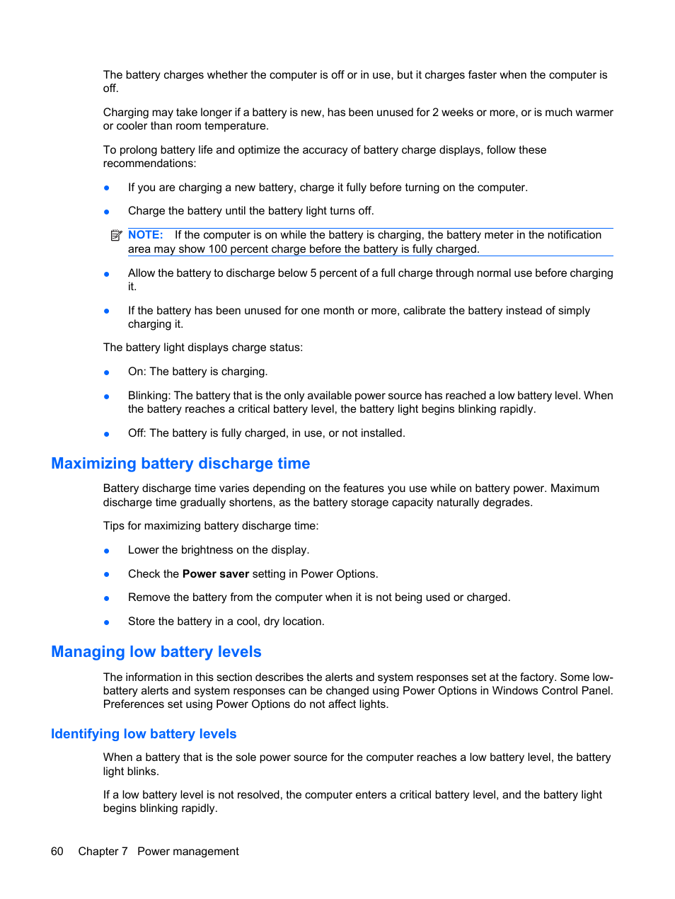 Maximizing battery discharge time, Managing low battery levels, Identifying low battery levels | HP Pavilion dm1-1020ed Entertainment Notebook PC User Manual | Page 70 / 96