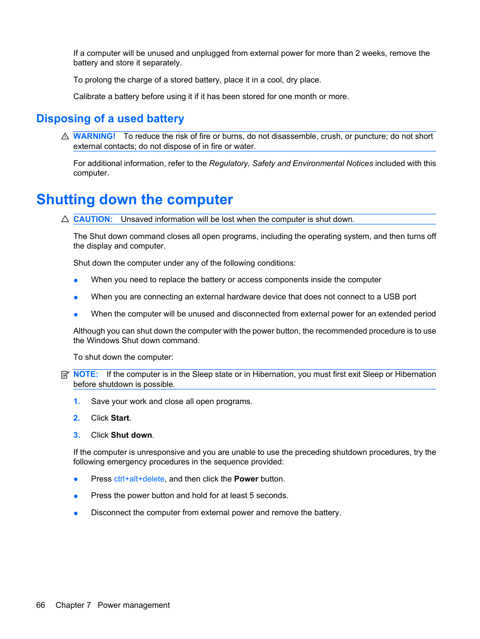 Disposing of a used battery, Shutting down the computer | HP Pavilion dm1-1020ed Entertainment Notebook PC User Manual | Page 76 / 96