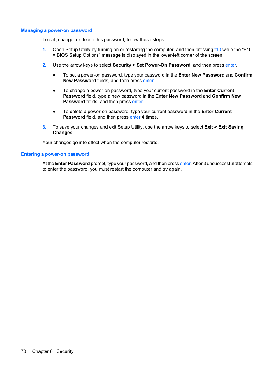 Managing a power-on password, Entering a power-on password | HP Pavilion dm1-1020ed Entertainment Notebook PC User Manual | Page 80 / 96