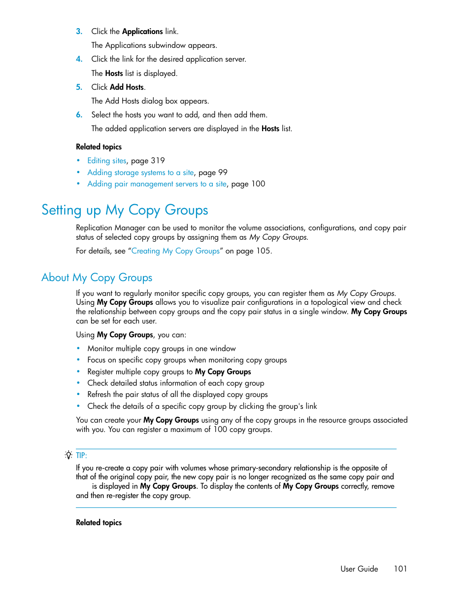 Setting up my copy groups, About my copy groups | HP XP Racks User Manual | Page 101 / 482