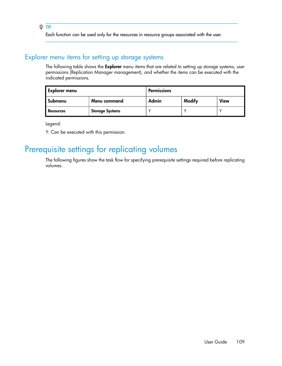 Explorer menu items for setting up storage systems, Prerequisite settings for replicating volumes | HP XP Racks User Manual | Page 109 / 482