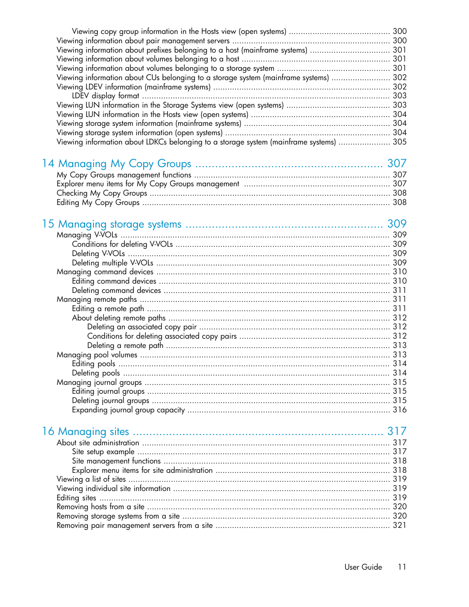 14 managing my copy groups, 15 managing storage systems, 16 managing sites | HP XP Racks User Manual | Page 11 / 482