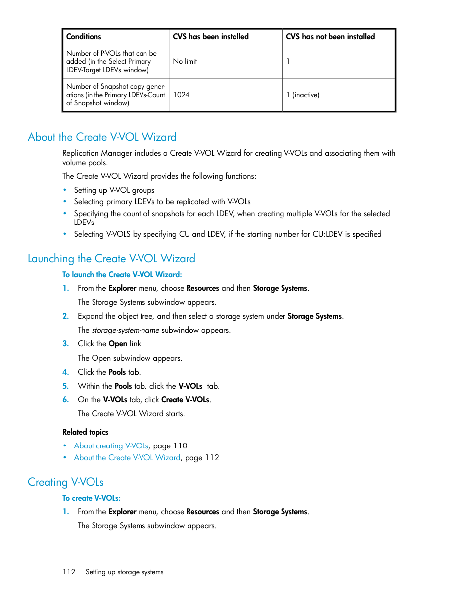 About the create v-vol wizard, Launching the create v-vol wizard, Creating v-vols | 112 launching the create v-vol wizard, 112 creating v-vols | HP XP Racks User Manual | Page 112 / 482