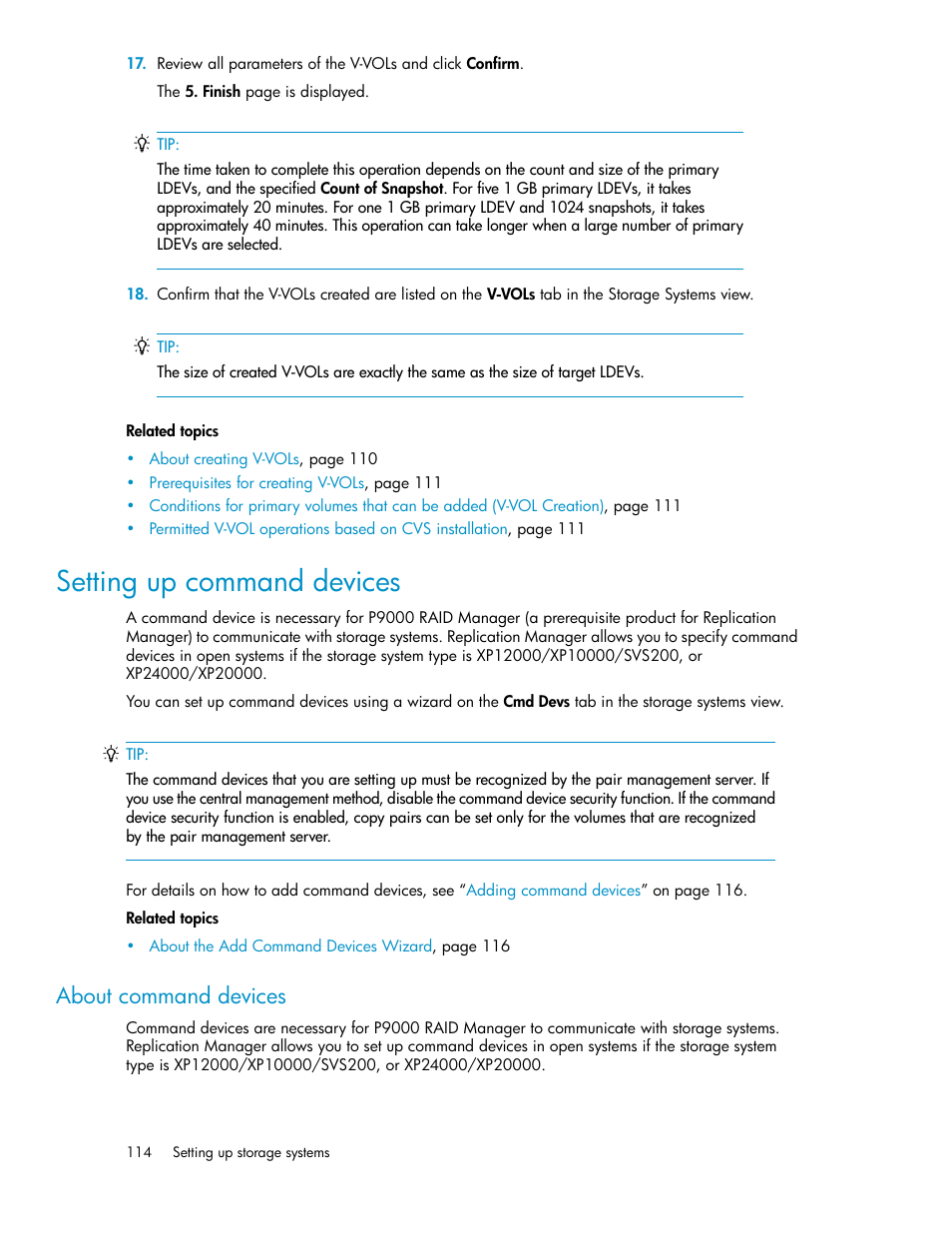 Setting up command devices, About command devices | HP XP Racks User Manual | Page 114 / 482
