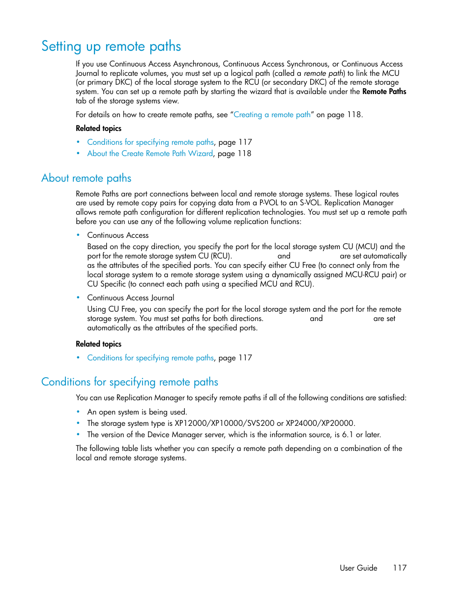 Setting up remote paths, About remote paths, Conditions for specifying remote paths | 117 conditions for specifying remote paths | HP XP Racks User Manual | Page 117 / 482