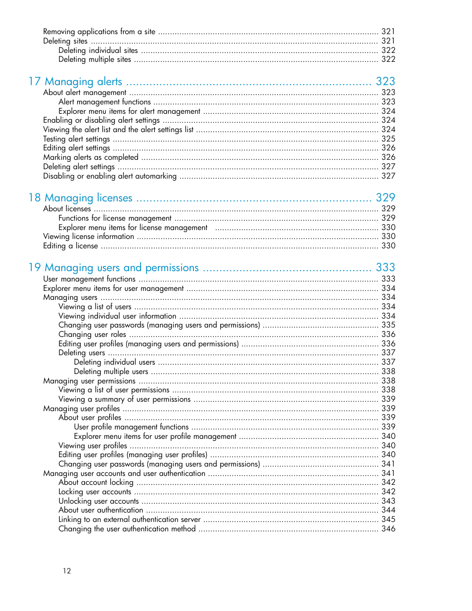 17 managing alerts, 18 managing licenses, 19 managing users and permissions | HP XP Racks User Manual | Page 12 / 482