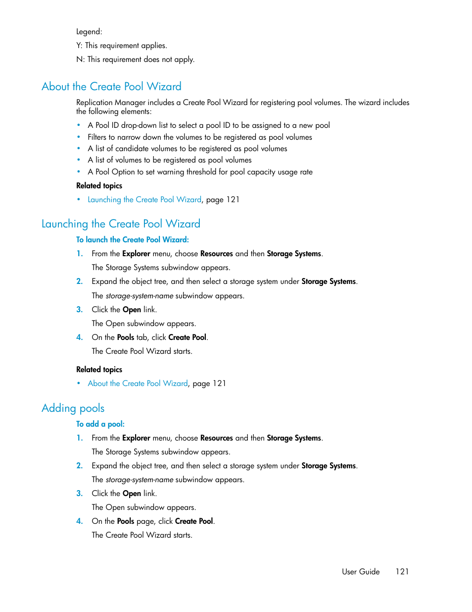 About the create pool wizard, Launching the create pool wizard, Adding pools | 121 launching the create pool wizard, 121 adding pools | HP XP Racks User Manual | Page 121 / 482