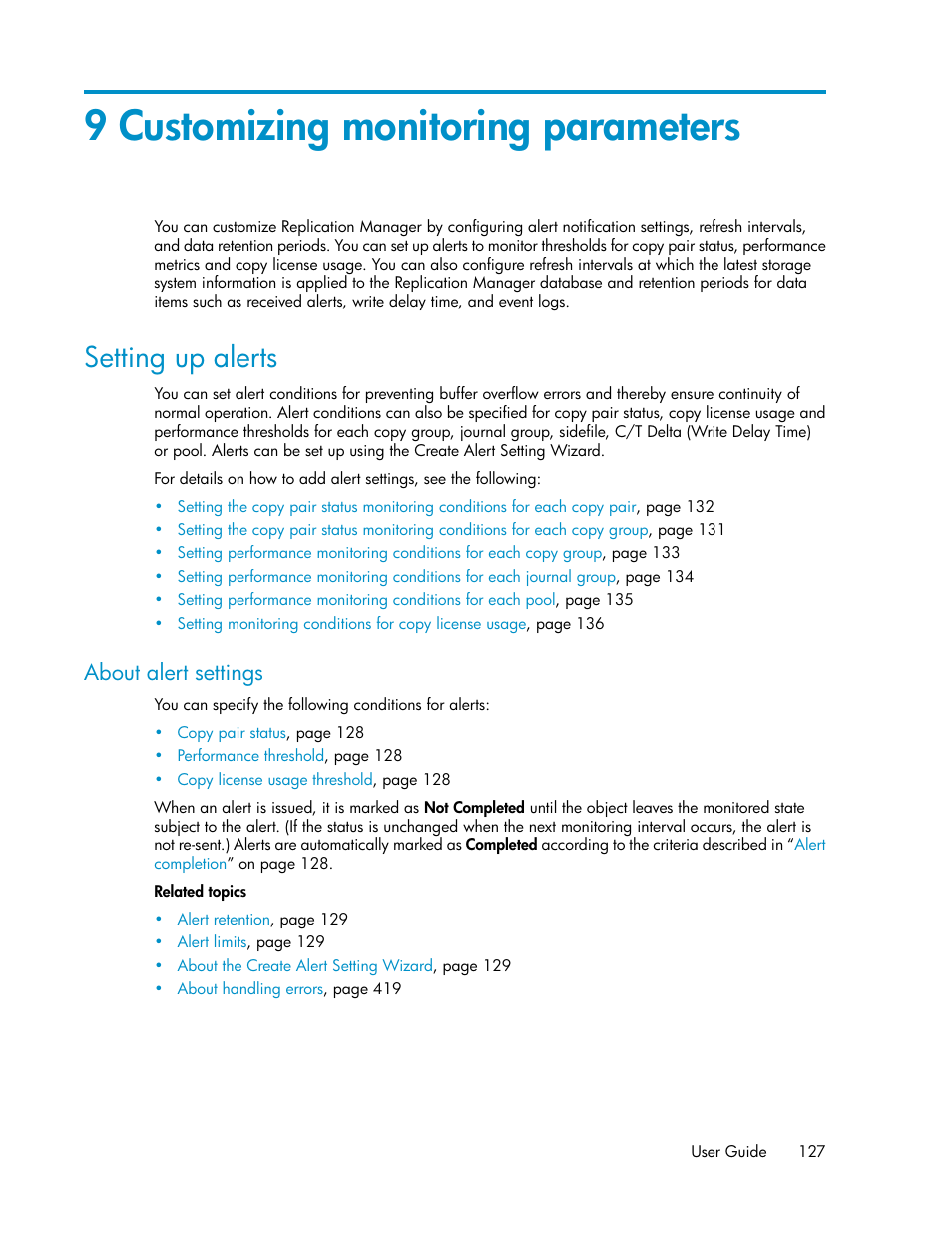 9 customizing monitoring parameters, Setting up alerts, About alert settings | Chapter 9 | HP XP Racks User Manual | Page 127 / 482