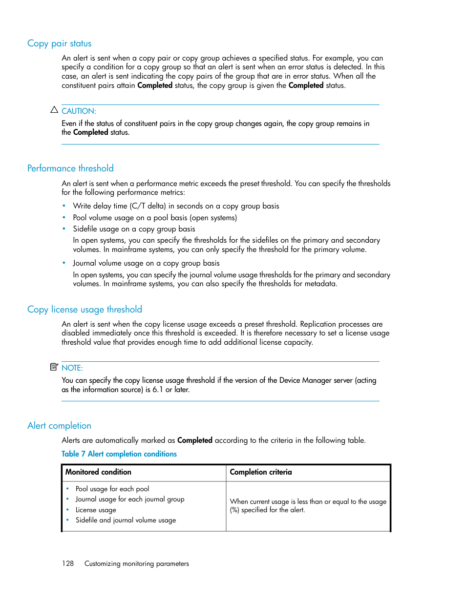 Copy pair status, Performance threshold, Copy license usage threshold | Alert completion, 128 performance threshold, 128 copy license usage threshold, 128 alert completion, Alert completion conditions, Ibed in, Alert | HP XP Racks User Manual | Page 128 / 482