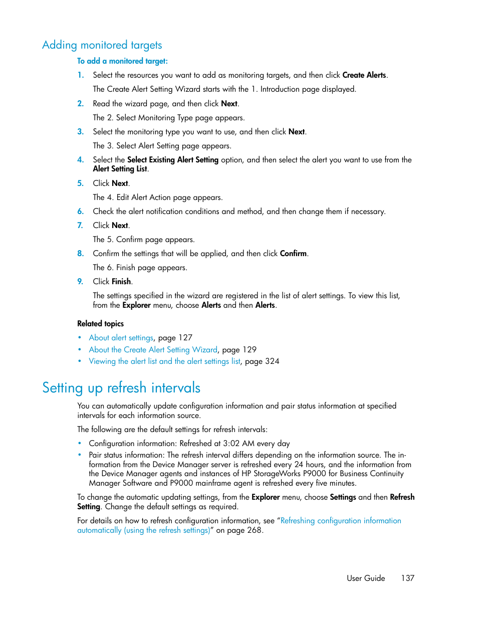 Adding monitored targets, Setting up refresh intervals | HP XP Racks User Manual | Page 137 / 482