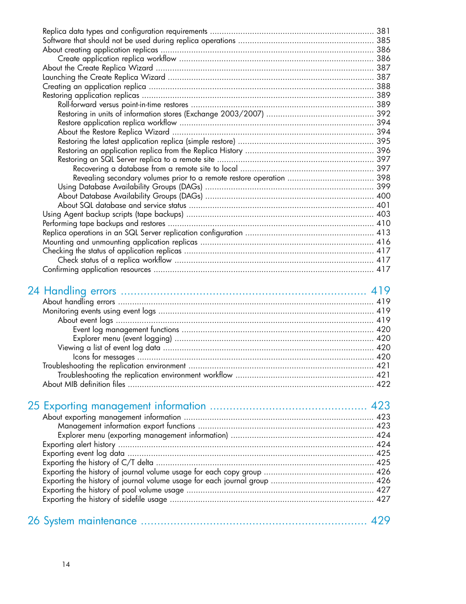 24 handling errors, 25 exporting management information, 26 system maintenance | HP XP Racks User Manual | Page 14 / 482