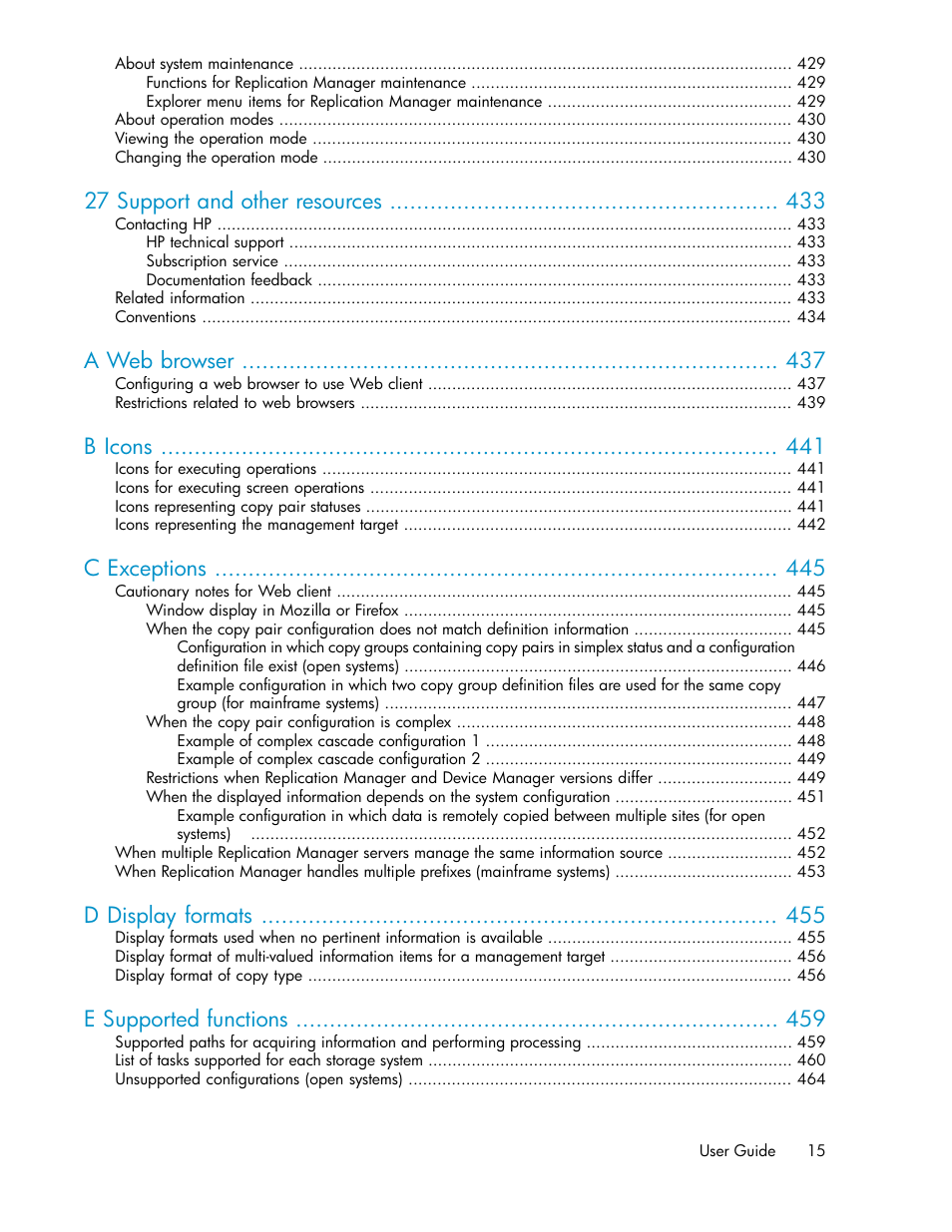27 support and other resources, A web browser, B icons | C exceptions, D display formats, E supported functions | HP XP Racks User Manual | Page 15 / 482