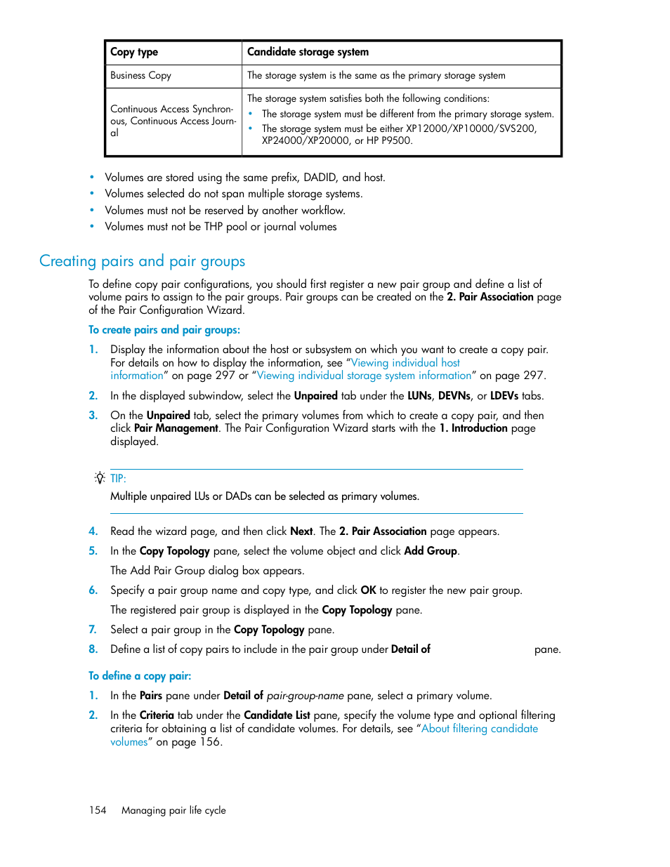 Creating pairs and pair groups | HP XP Racks User Manual | Page 154 / 482