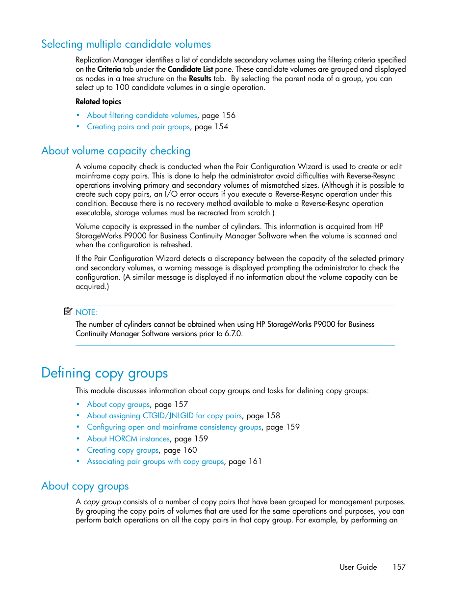 Selecting multiple candidate volumes, About volume capacity checking, Defining copy groups | About copy groups, 157 about volume capacity checking, Selecting multiple candidate, Volumes, About volume, Capacity checking | HP XP Racks User Manual | Page 157 / 482