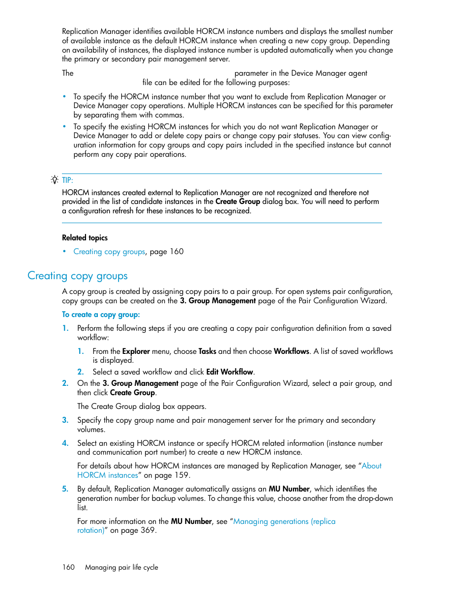 Creating copy groups | HP XP Racks User Manual | Page 160 / 482