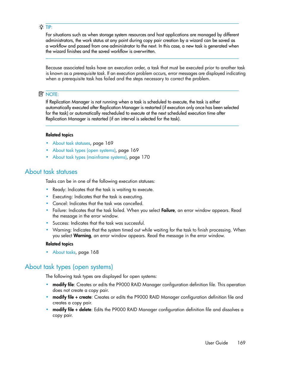 About task statuses, About task types (open systems), 169 about task types (open systems) | HP XP Racks User Manual | Page 169 / 482