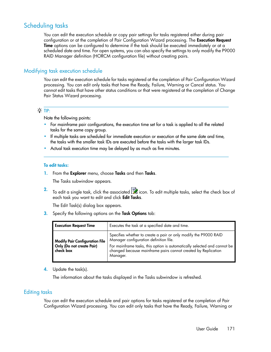 Scheduling tasks, Modifying task execution schedule, Editing tasks | 171 editing tasks | HP XP Racks User Manual | Page 171 / 482