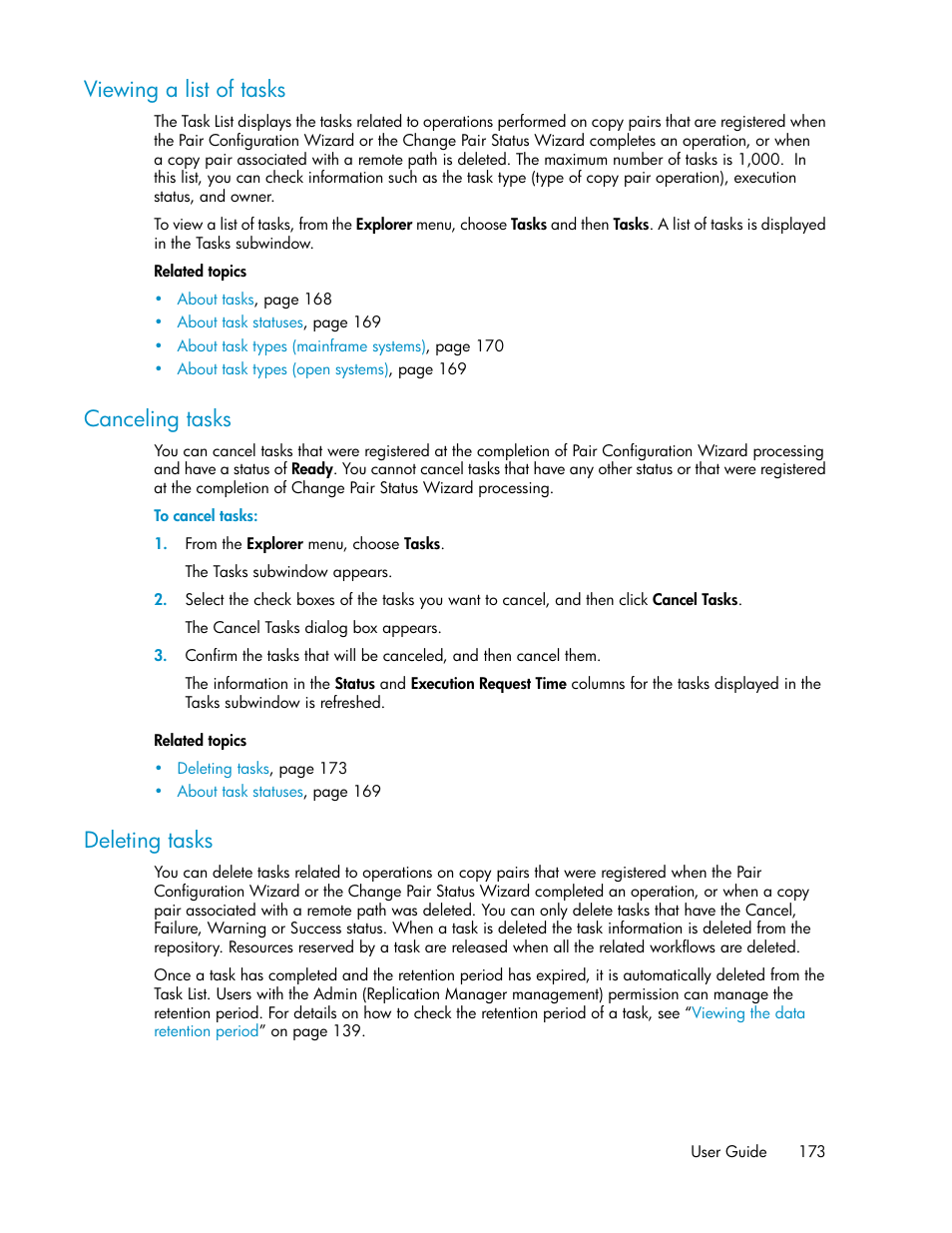 Viewing a list of tasks, Canceling tasks, Deleting tasks | 173 canceling tasks, 173 deleting tasks | HP XP Racks User Manual | Page 173 / 482