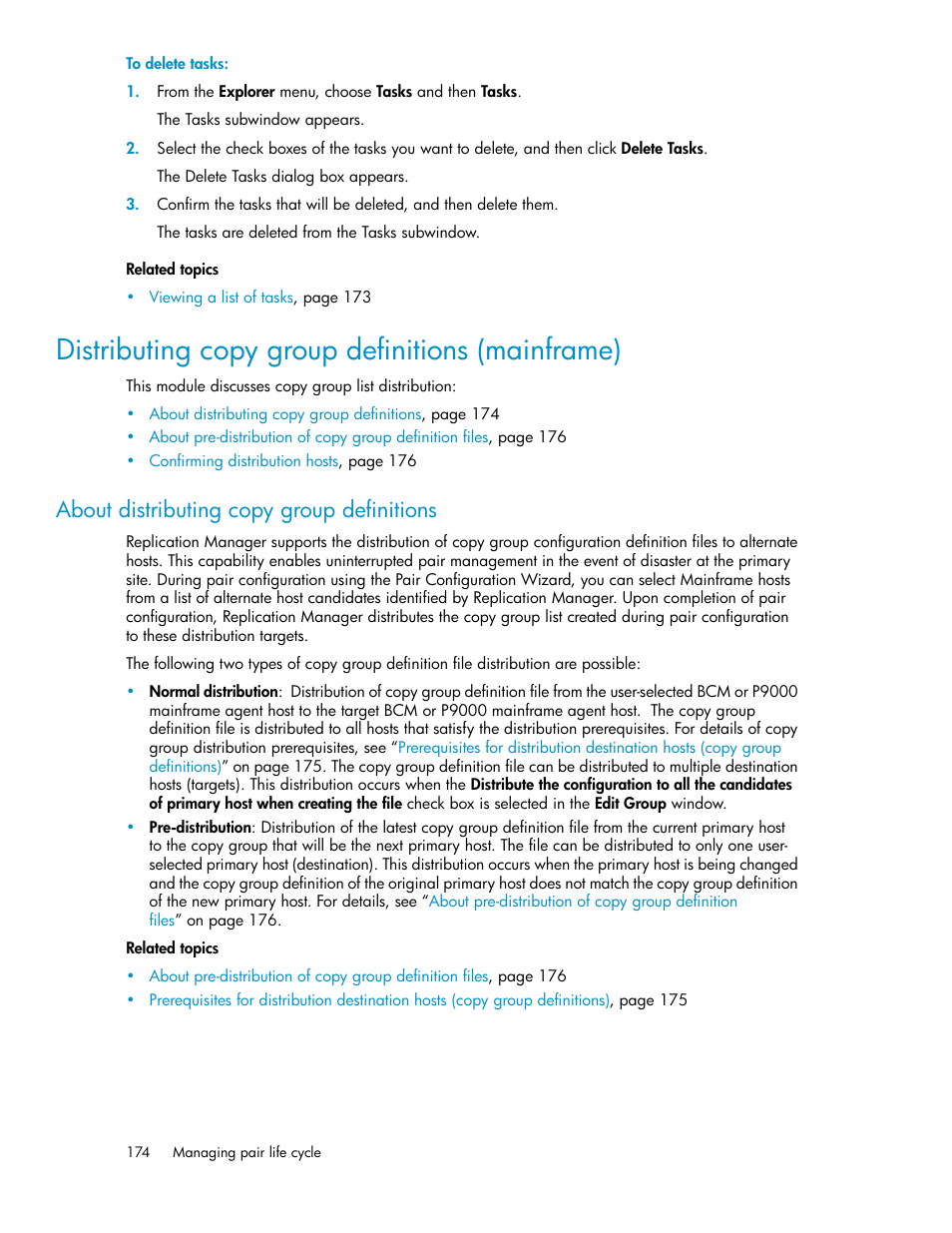 Distributing copy group definitions (mainframe), About distributing copy group definitions | HP XP Racks User Manual | Page 174 / 482