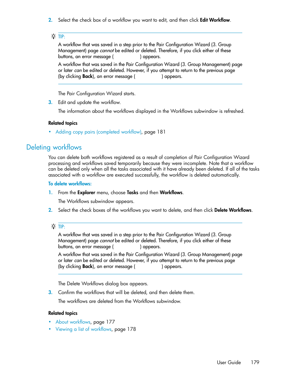 Deleting workflows | HP XP Racks User Manual | Page 179 / 482