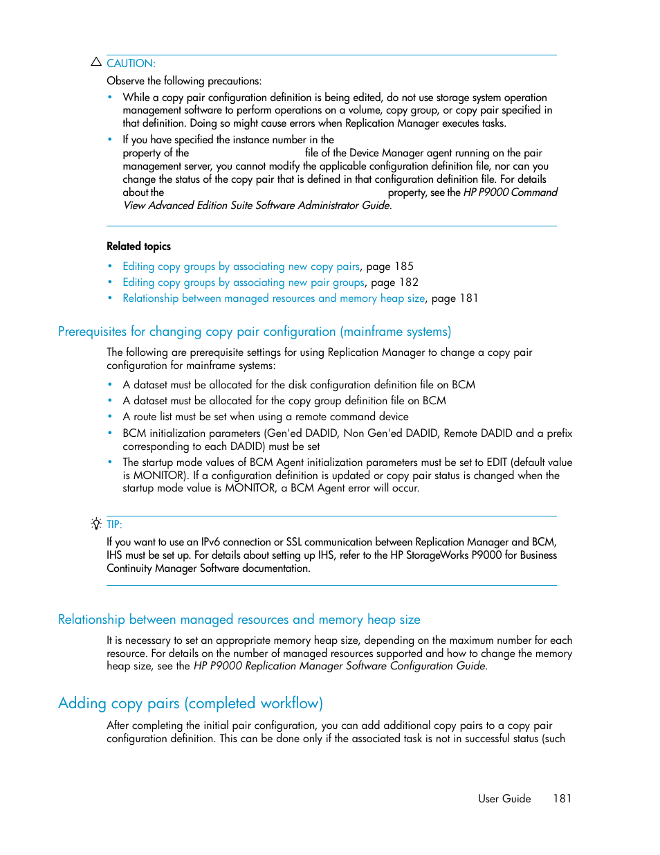 Adding copy pairs (completed workflow), Relationship between, Managed resources and memory heap size | HP XP Racks User Manual | Page 181 / 482