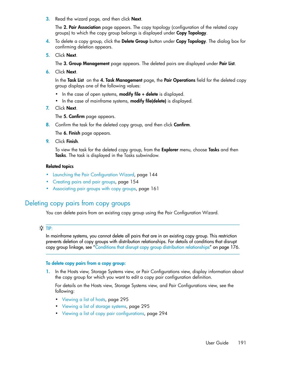 Deleting copy pairs from copy groups | HP XP Racks User Manual | Page 191 / 482