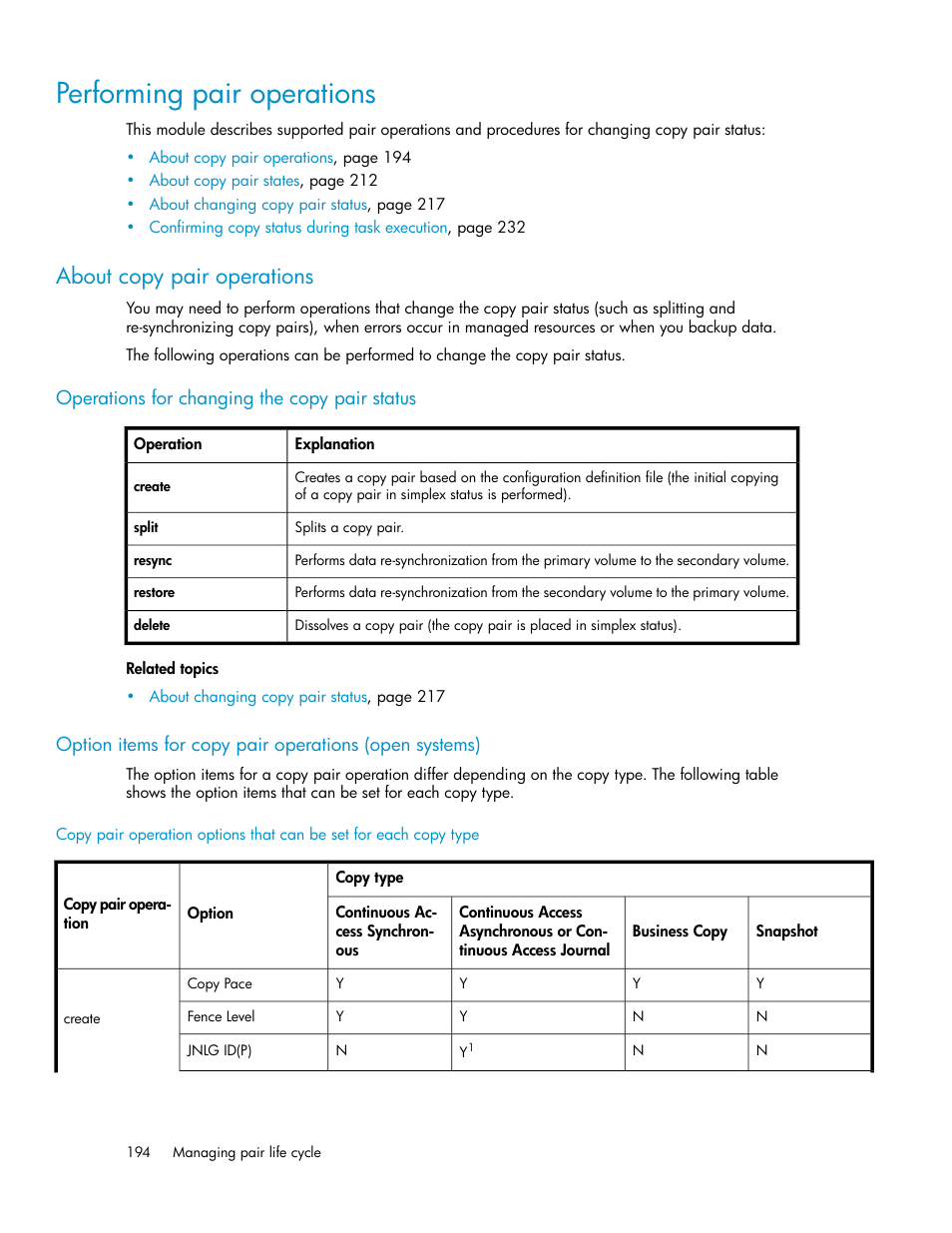 Performing pair operations, About copy pair operations | HP XP Racks User Manual | Page 194 / 482