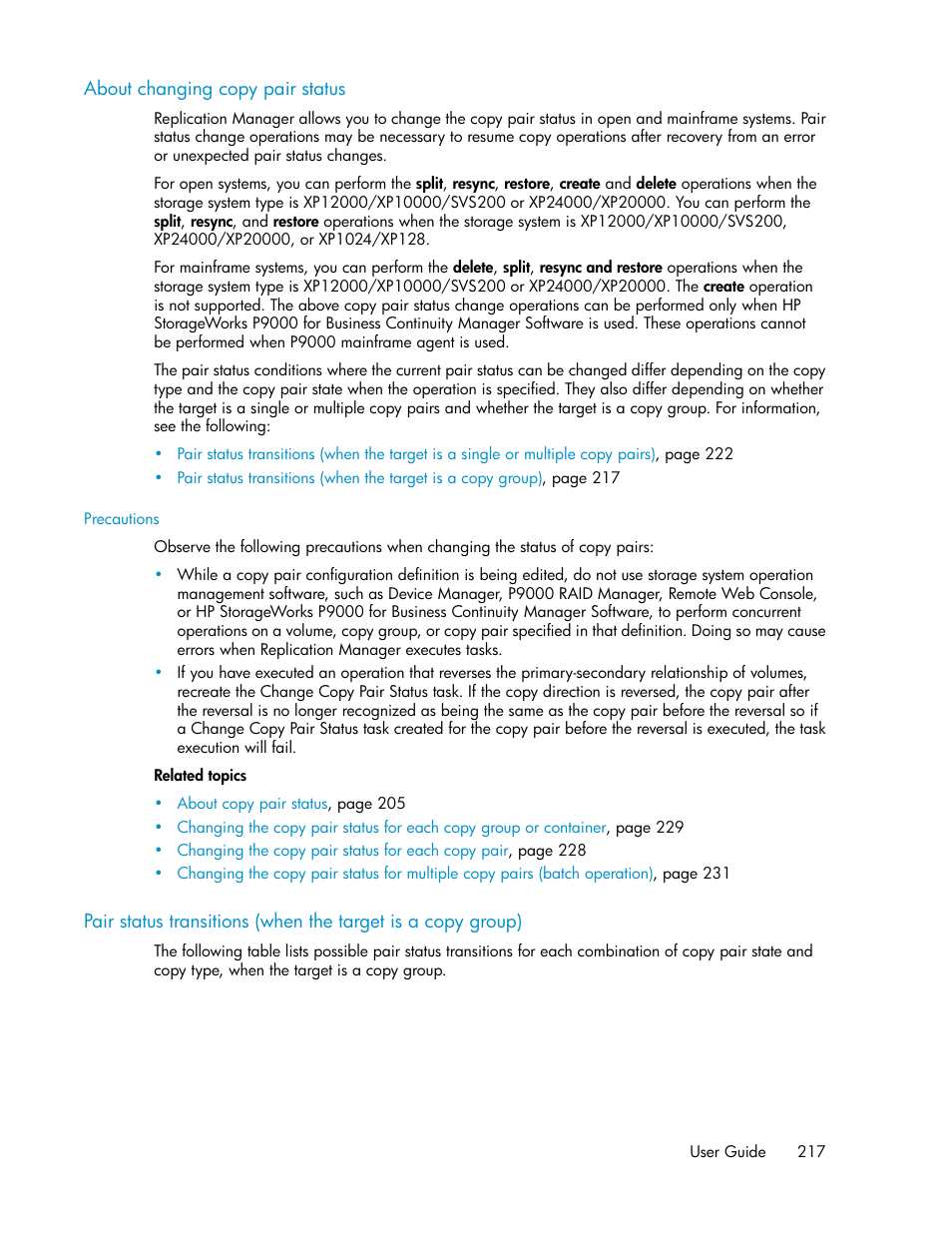 About changing copy pair status | HP XP Racks User Manual | Page 217 / 482
