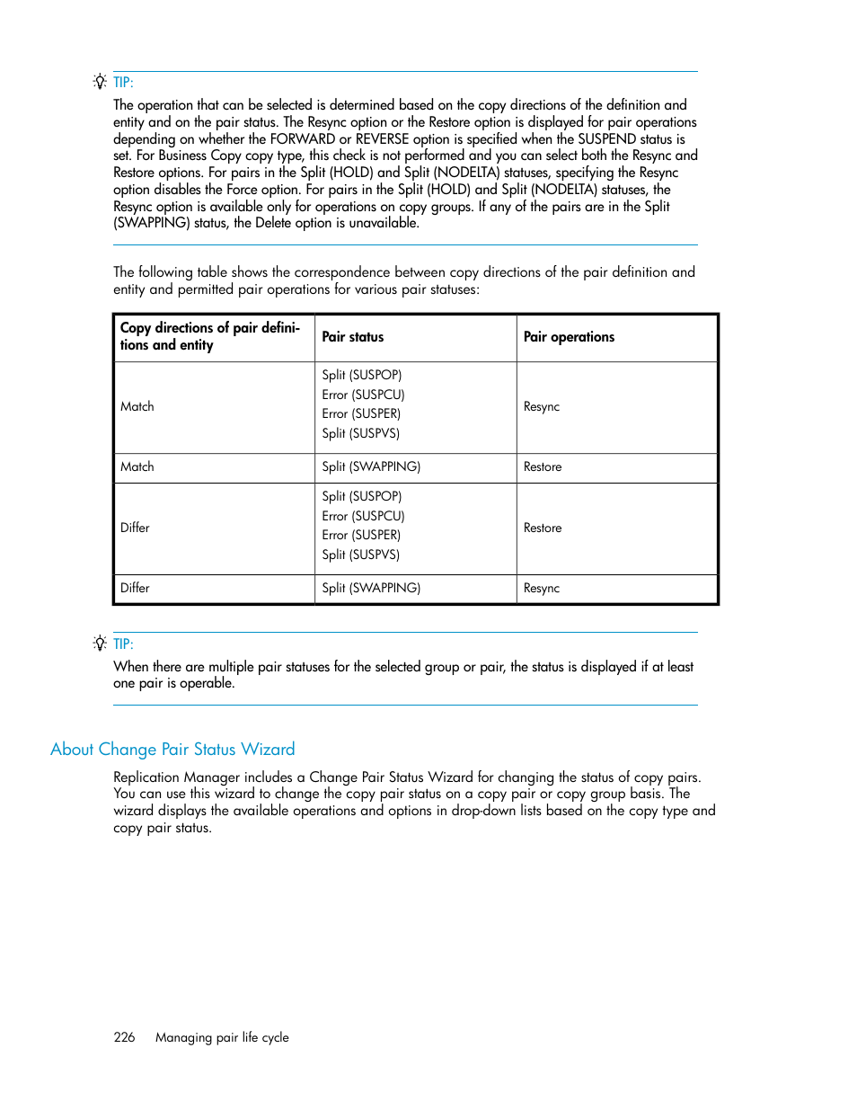 About change pair status wizard | HP XP Racks User Manual | Page 226 / 482