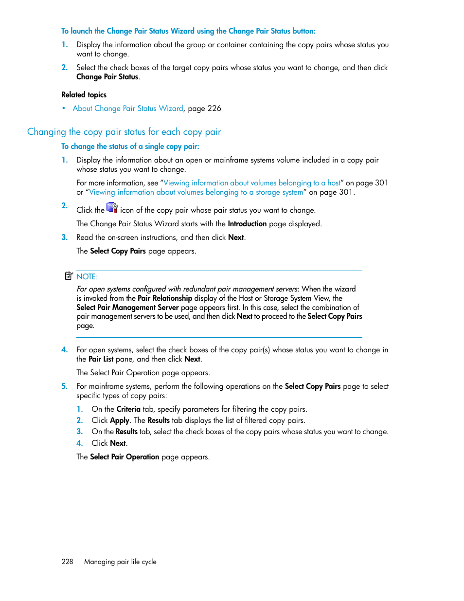 Changing the copy pair status for each copy pair | HP XP Racks User Manual | Page 228 / 482