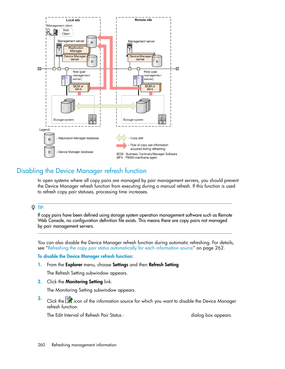 Disabling the device manager refresh function, Disabling the device manager refresh, Function | HP XP Racks User Manual | Page 260 / 482