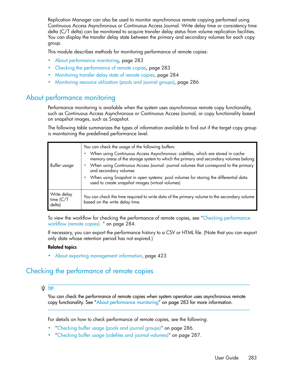 About performance monitoring, Checking the performance of remote copies, 283 checking the performance of remote copies | HP XP Racks User Manual | Page 283 / 482