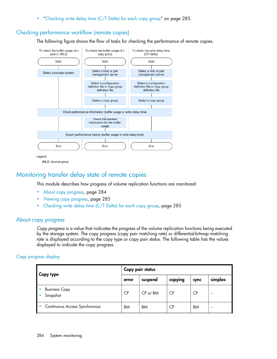 Checking performance workflow (remote copies), Monitoring transfer delay state of remote copies, About copy progress | Checking performance, Workflow (remote copies) | HP XP Racks User Manual | Page 284 / 482