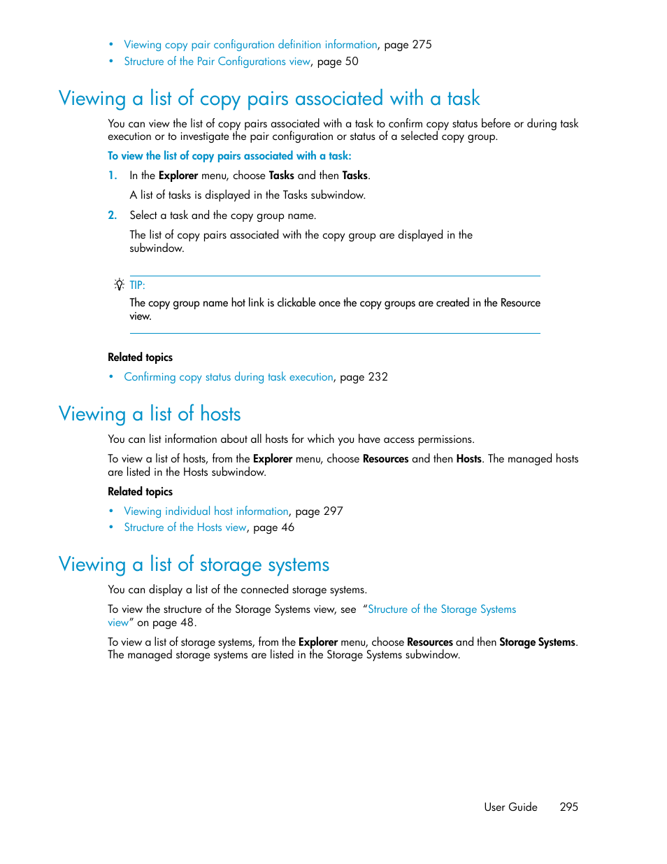 Viewing a list of hosts, Viewing a list of storage systems, 295 viewing a list of hosts | 295 viewing a list of storage systems | HP XP Racks User Manual | Page 295 / 482