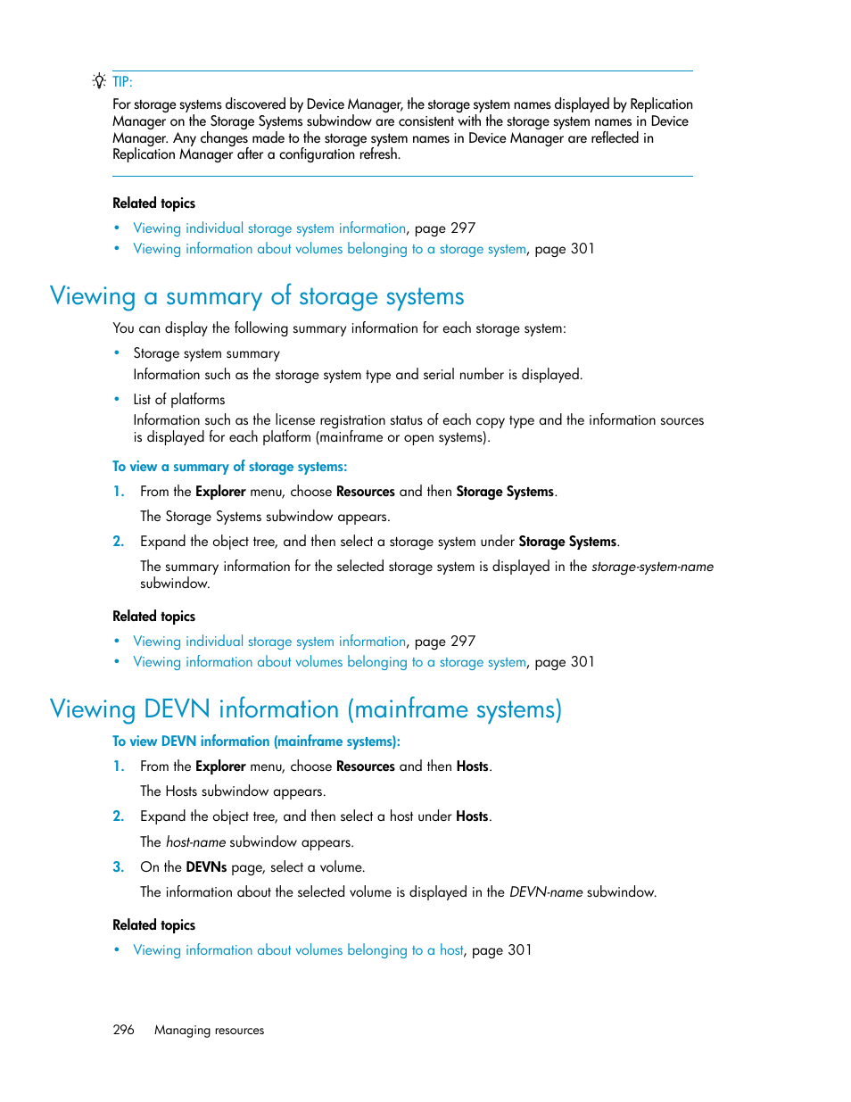 Viewing a summary of storage systems, Viewing devn information (mainframe systems), 296 viewing devn information (mainframe systems) | HP XP Racks User Manual | Page 296 / 482