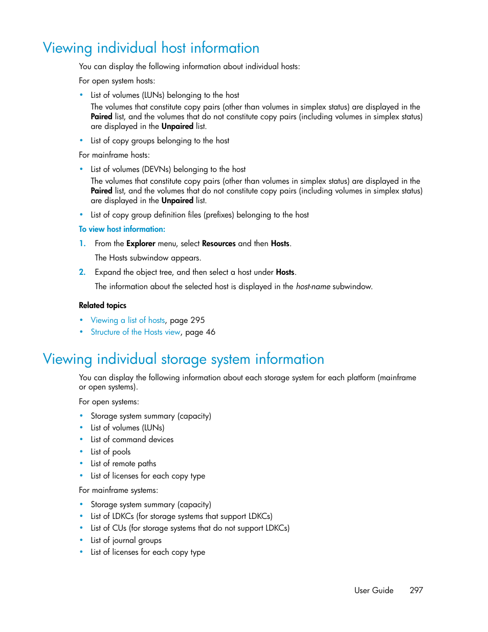 Viewing individual host information, Viewing individual storage system information, 297 viewing individual storage system information | Viewing individual host, Information | HP XP Racks User Manual | Page 297 / 482