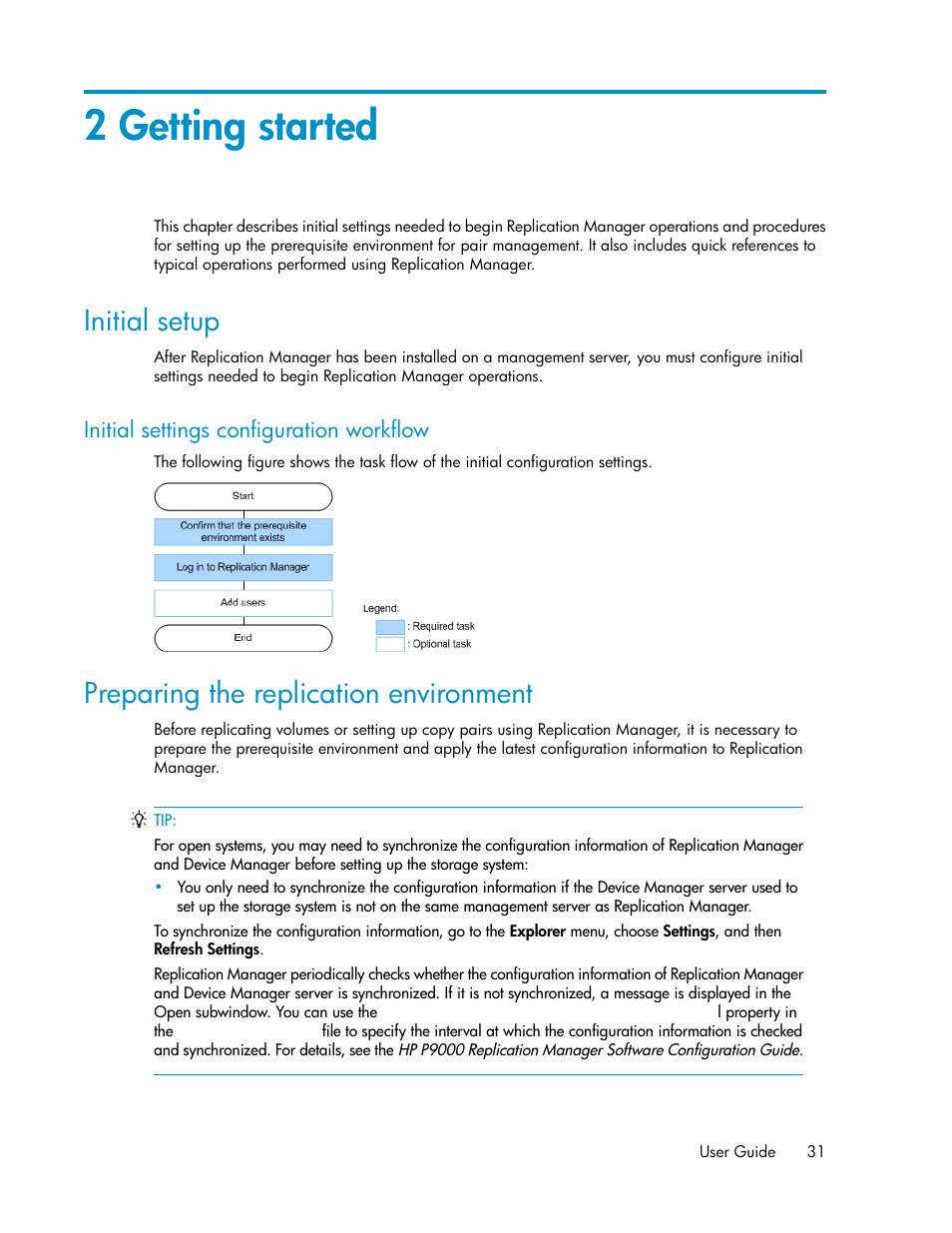 2 getting started, Initial setup, Initial settings configuration workflow | Preparing the replication environment | HP XP Racks User Manual | Page 31 / 482