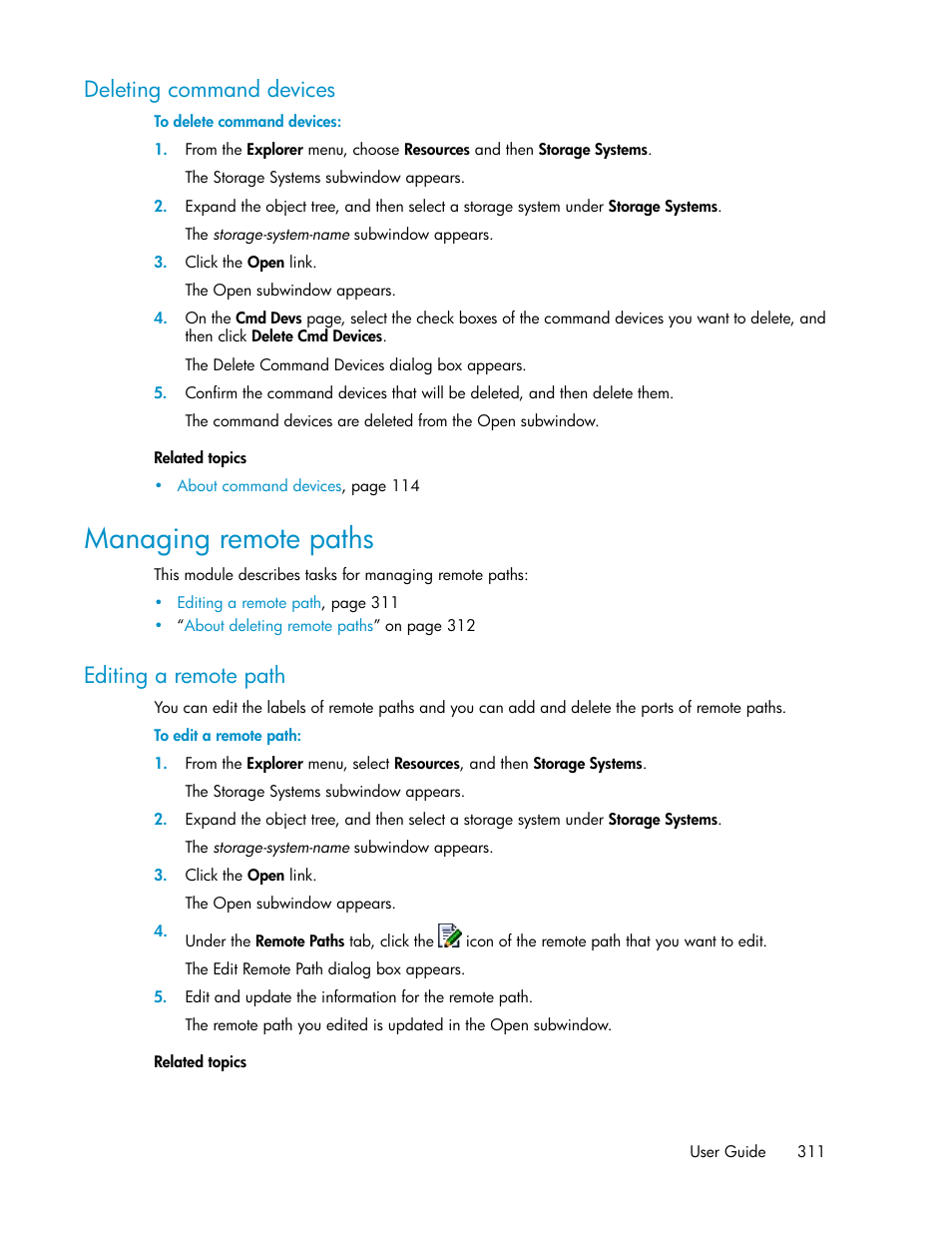 Deleting command devices, Managing remote paths, Editing a remote path | HP XP Racks User Manual | Page 311 / 482