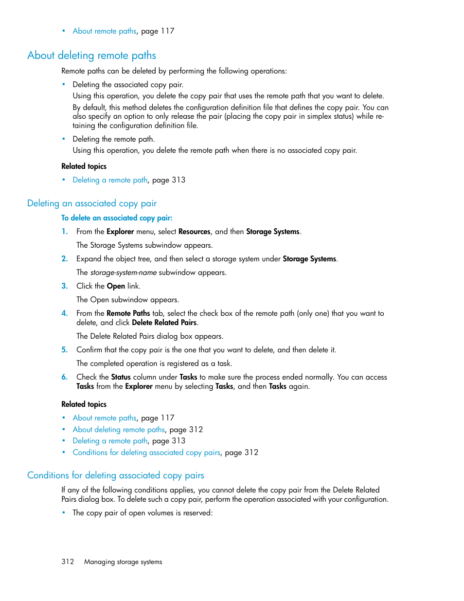 About deleting remote paths, Deleting an associated copy pair, Conditions for deleting associated copy pairs | 312 conditions for deleting associated copy pairs | HP XP Racks User Manual | Page 312 / 482