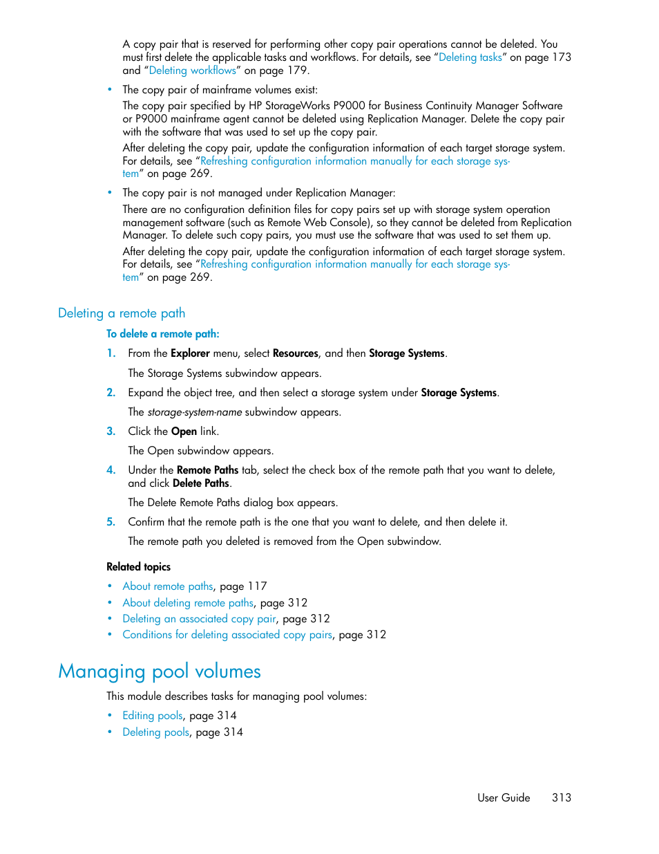 Deleting a remote path, Managing pool volumes | HP XP Racks User Manual | Page 313 / 482