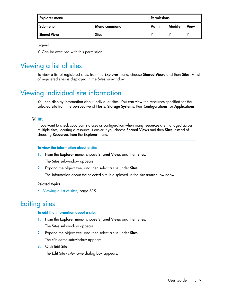 Viewing a list of sites, Viewing individual site information, Editing sites | 319 viewing individual site information, 319 editing sites | HP XP Racks User Manual | Page 319 / 482