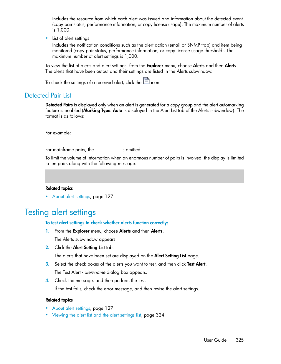 Testing alert settings, Detected pair list | HP XP Racks User Manual | Page 325 / 482