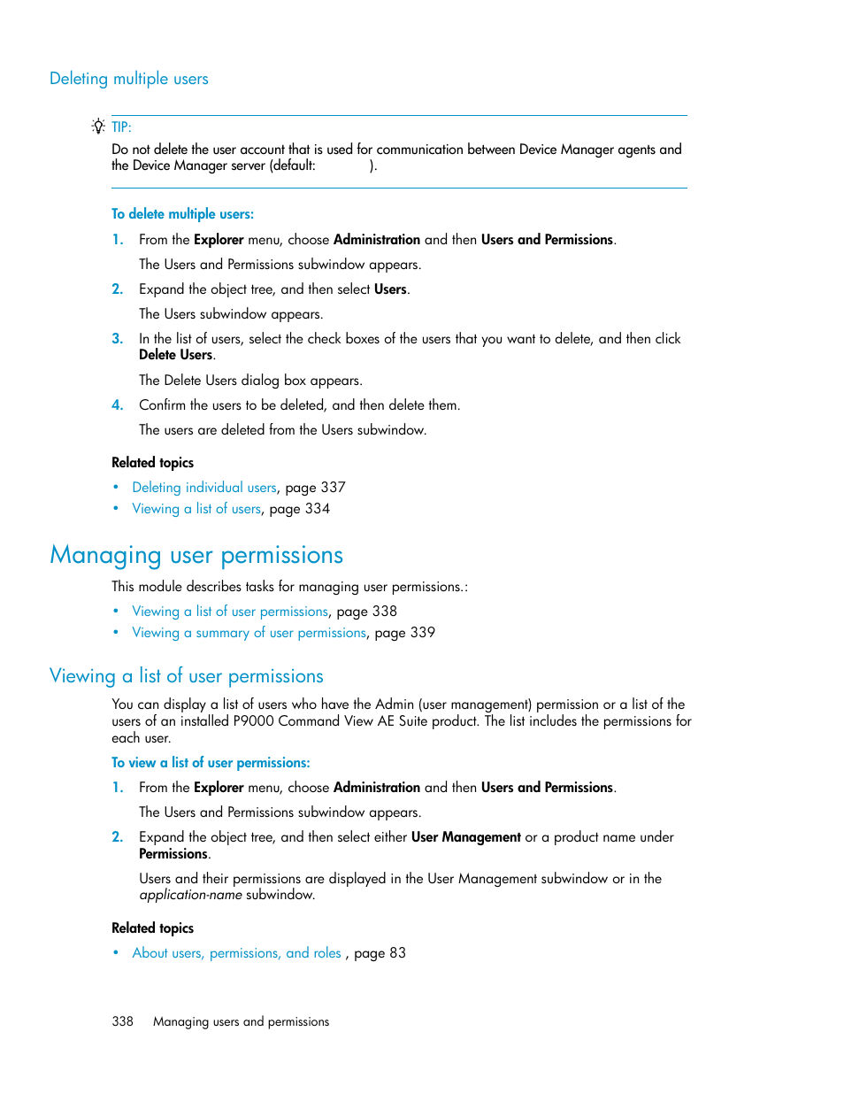 Deleting multiple users, Managing user permissions, Viewing a list of user permissions | HP XP Racks User Manual | Page 338 / 482