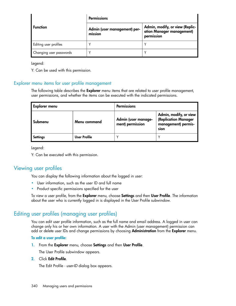 Explorer menu items for user profile management, Viewing user profiles, Editing user profiles (managing user profiles) | 340 editing user profiles (managing user profiles) | HP XP Racks User Manual | Page 340 / 482