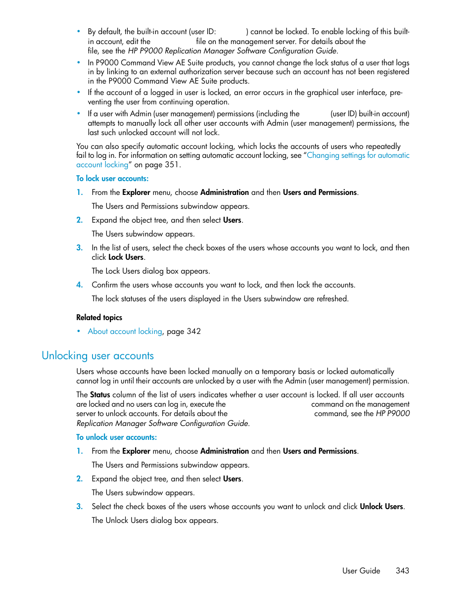 Unlocking user accounts | HP XP Racks User Manual | Page 343 / 482