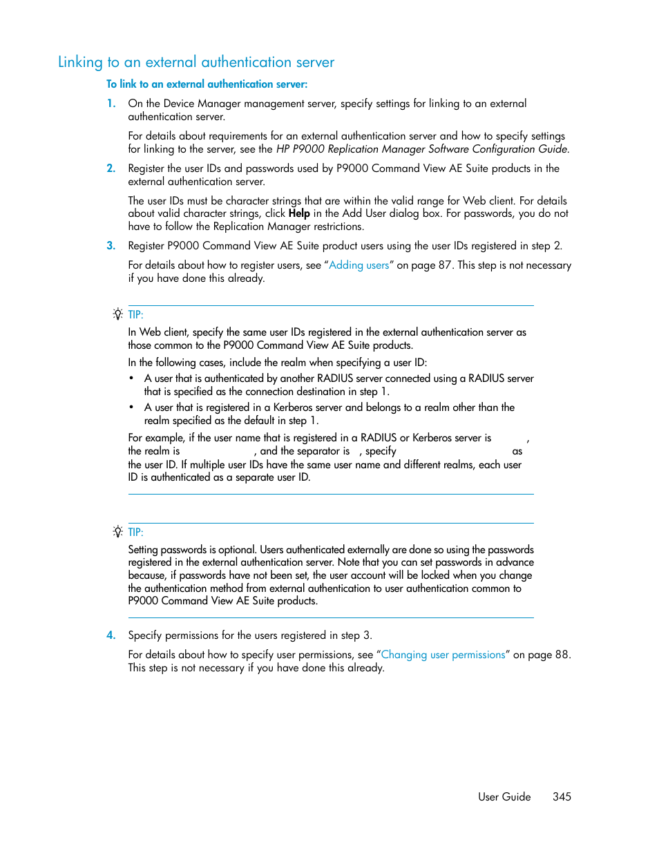 Linking to an external authentication server | HP XP Racks User Manual | Page 345 / 482