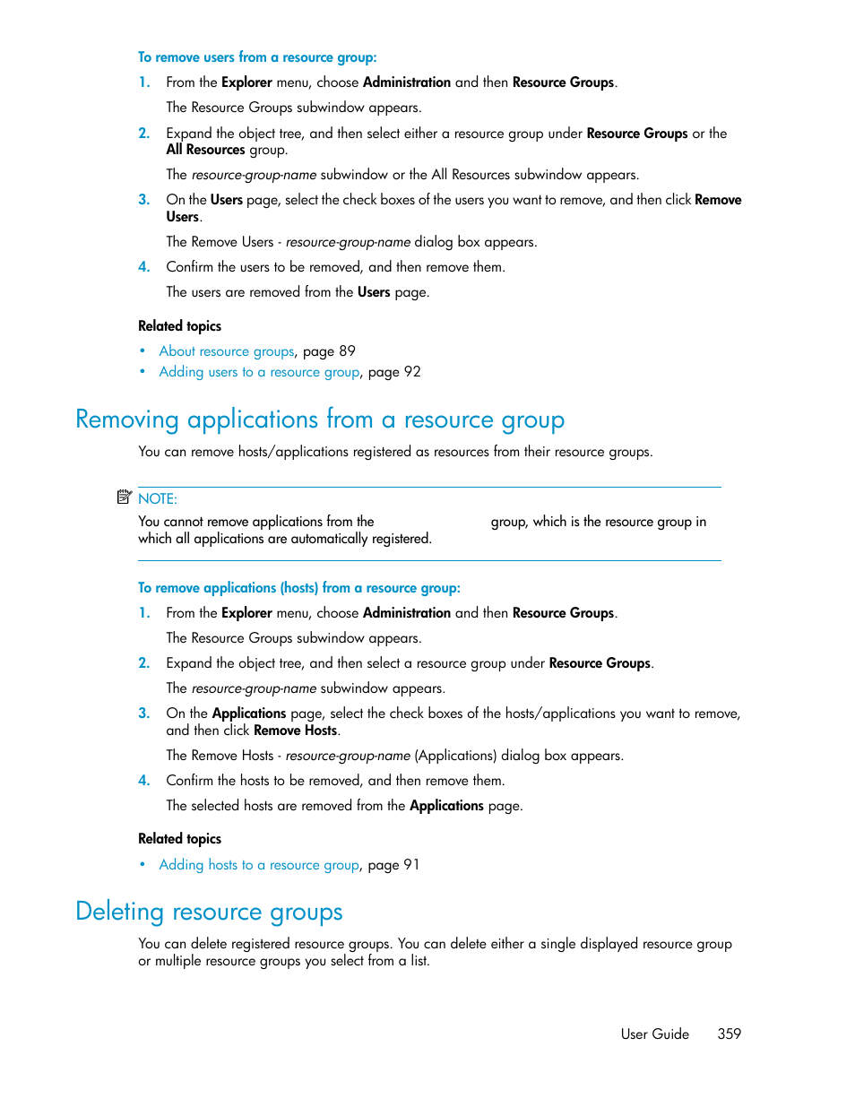 Removing applications from a resource group, Deleting resource groups, 359 deleting resource groups | HP XP Racks User Manual | Page 359 / 482